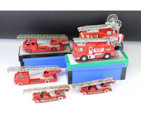 Six Dinky diecast fire related models to include 2 x French 32D Delahaye, 2 x 956 Turntable Fire Escape, 285 Merryweather Mar