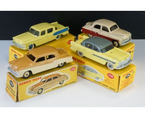 Four boxed Dinky diecast models to include 174 Hudson Hornet Sedan in pale yellow with grey, 179 Studebaker President Sedan i