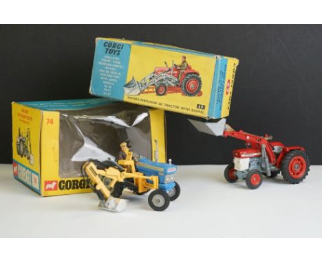 Two boxed Corgi diecast model tractors to include 69 Massey Ferguon 165 Tractor with Shovel in red and 74 Ford 5000 Super Maj