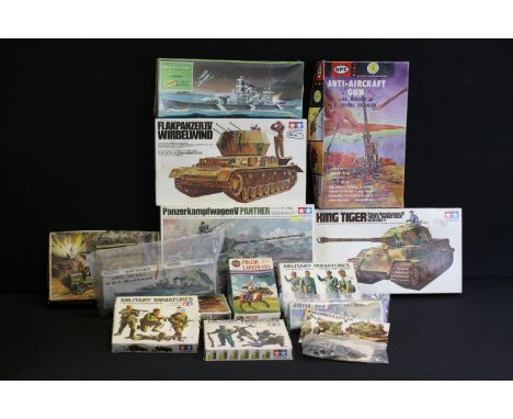 13 boxed military-related plastic model kits / figures sets to include 6 x Tamiya (No. 85 Flakpanzer IV Wirbelwind, No. 57 Ki
