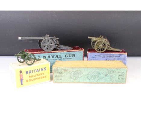 Four boxed Britains military diecast models to include 1264 - 4.7 Naval Gun, 1201 Royal Artillery Gun (staining to box lid), 