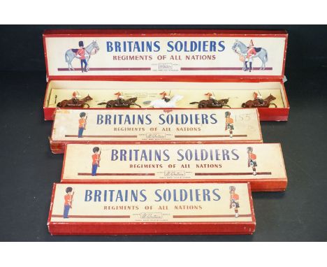 Four boxed Britains ' Regiments Of All Nations ' metal figure sets to include No. 77 The Gordon Highlanders with piper, No. 7