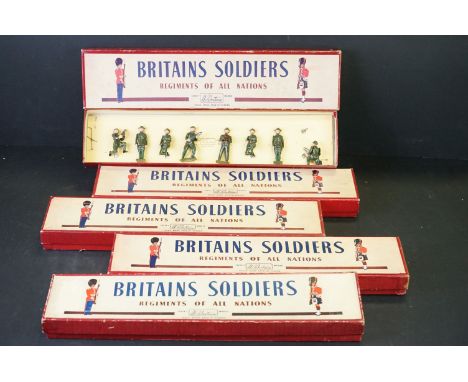 Five boxed Britains ' Regiments Of All Nations ' metal figure sets to include No. 2083 The Welch Guards - at ease with mounte