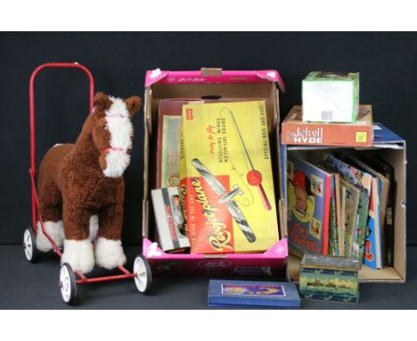 Quantity of mixed vintage toys, books and games to include Nylena horse walker, annuals featuring Rupert &amp; Dandy, boxed S