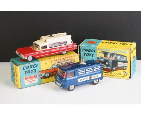 Two boxed Corgi emergency service diecast models to include 437 Superior Ambulance on Cadillac Chassis in red &amp; white (a 