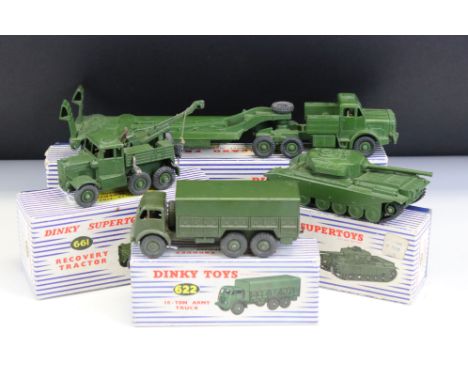 Four boxed Dinky military diecast models to include 660 Tank Transporter, 661 Recovery Tractor, 651 Centurion Tank (box tatty