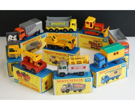 Nine boxed Matchbox 75 Series diecast models to include 7 Ford Refuse Truck, 11 Scaffold Truck, 16 Case Tractor, 42 Iron Fair