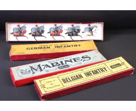 Four boxed Britains military metal figure sets to include No. 432 German Infantry (in field grey uniforms) (figures show some