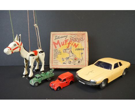Boxed Moko Muffin the Mule Junior puppet, Corgi The Saint's Jaguar XJS, A Triang Royal Mail clockwork model and a Dinky dieca