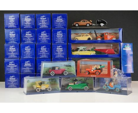 31 Boxed / cased Moulinsart Tin Tin En Voiture diecast models (diecast ex, boxes gd overall) plus an uncased example with sta