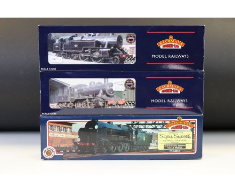 Three boxed OO gauge Bachmann locomotives to include 31405 Lord Nelson 30852 Sir Walter Raleigh BR green, 32827 Ivatt Class 2