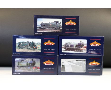 Five boxed Bachmann OO gauge locomotives to include 32126 45XX Tank 4560 BR Black E/Emblem, 32136 4575 Prairie Tank 5555 Grea