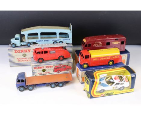 Four boxed Dinky diecast models to include 591 ' Shell Chemicals Limited ' A.E.C Tanker, 555 Fire Engine With Extending Ladde
