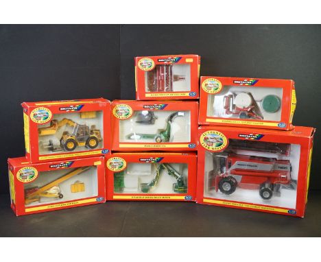 Seven boxed Britains 1/32 Authentic Farm diecast models to include 00054 Massey Ferguson 7200 Combine Harvester, 9542 Forage 
