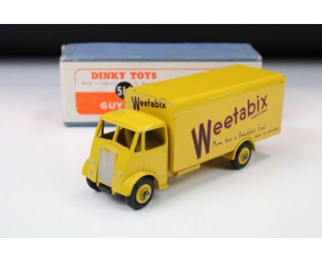 Boxed Dinky 514 Guy Van diecast model with Weetabix decals and yellow hubs, a few paint chips to edges but vg overall, decals