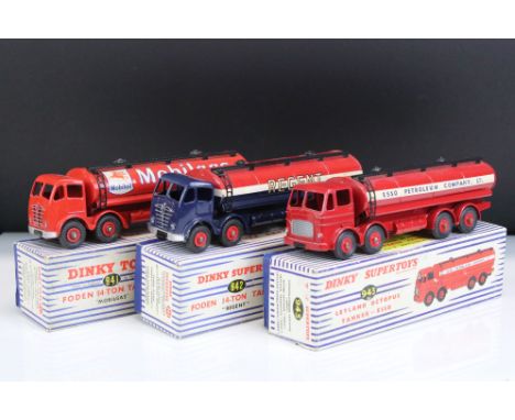 Three Dinky diecast models to include 941 Foden 14 Ton Tanker Mobilgas, 942 Foden 14 Ton Tanker Regent and 943 Leyland Octopu