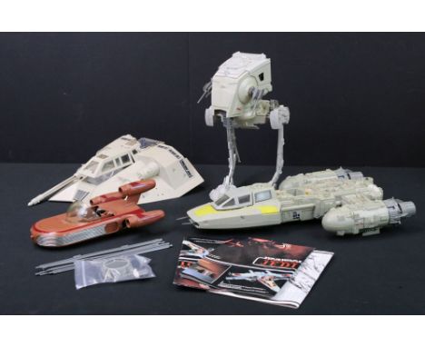 Star Wars - Six original Star Wars vehicles to include Rebel Transporter (missing escape hatch), Scout Walker (missing hatch 