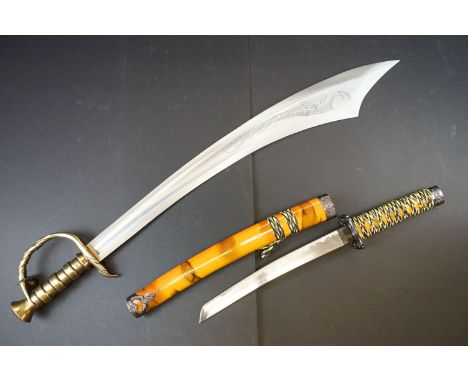 Two replica blades to include Denix Reproduction Edward "Blackbeard" Teach Pirate Scimitar &amp; Japanese Tanto in scabbard 