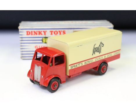 Boxed Dinky Supertoys 917 Guy Van diecast model with Spratts decals, diecast vg with some paint chips and a diecast bump to o