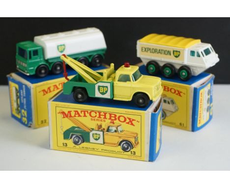 Three boxed Matchbox 75 Series BP diecast models to include 32 Leyland Petrol Tanker (small bit of end flap wear), 13 Dodge W
