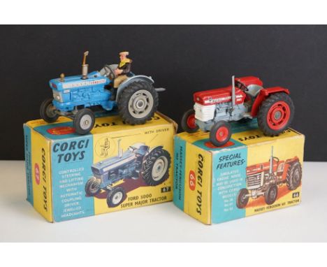 Two boxed Corgi diecast model tractors to include 66 Massey Ferguson 165 Tractor in red and 67 Ford 5000 Super Major Tractor 