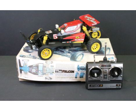 Boxed Tamiya ' The Falcon ' 1/10th scale R/C Off Road High Performance Racer with battery pack and Futaba Attack-R controller