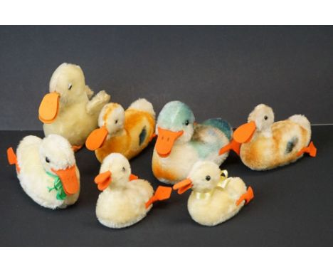 Seven Soft Toy Ducks, largest Steiff with button to foot 19cm long, the other six lacking buttons but probably Steiff 