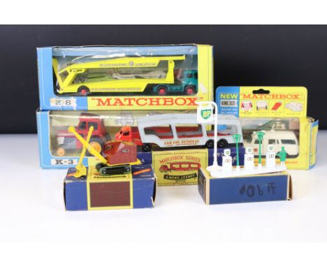 Six boxed Matchbox diecast models to include 3 x King Size (K8 Car Transporter, K6 Mercedes Benz Binz Ambulance &amp; K3 Mass