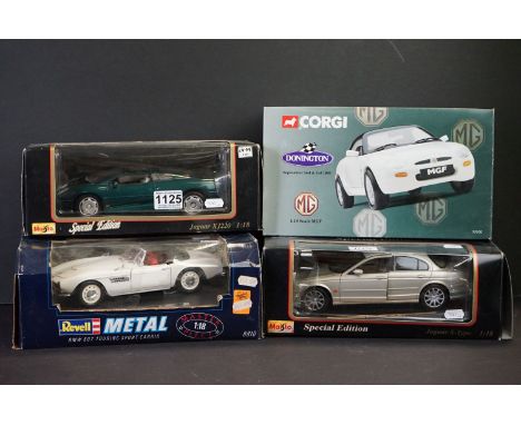 Four boxed 1/18 scale diecast models to include Corgi Donington 95100 MGF, Revell Masterpiece 8810 BMW 507 Touring Sport Cabr