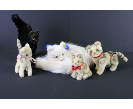 Steiff - Five Steiff Cats to include scaredy black Tom cat Halloween angry kitten mohair with button, Susi cat white and grey