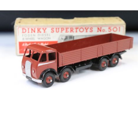 Boxed Dinky Supertoys No 501 Foden Diesel 8 Wheel Wagon diecast model in all brown with brown hubs, some paint chips but vg o