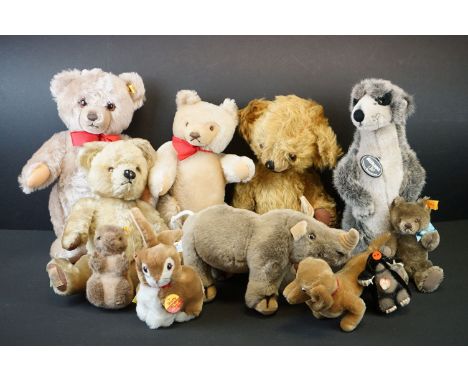 Six Steiff teddies to include 2 x Bears with working growlers, (1 x pin only &amp; 1 with tag 11580), Woodchuck 1476/12, moha