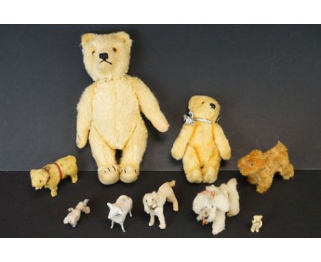 Steiff Golden Mohair Teddy Bear with button to ear, 24cm high together with a smaller Golden Mohair Teddy Bear, Terrier Dog a