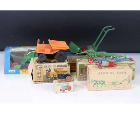 Five boxed diecast models to include Dinky 751 Lawn Mower (light play wear), Matchbox King Size K-9 Combine Harvester and 3 x