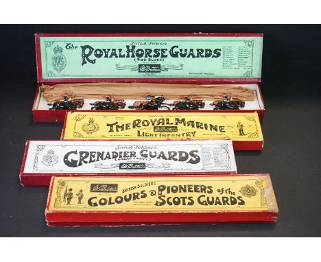 Four boxed Britains ' British Soldiers ' metal figure sets to include No. 2 Royal Horse Guards (The Blues) (figures vg but sh