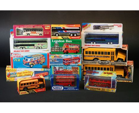 14 Boxed tin plate, diecast and plastic model buses to include Buddy L, Autocraft Road Monster, London Bus etc, vg 