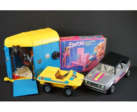 Boxed Mattel Barbie Fitness-Center set (contents unchecked for completeness) and a Barbie MK1 Gold Cabrio (crack to windscree