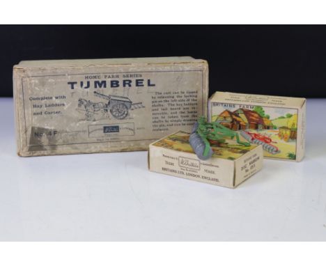 Three boxed Britains diecast farm models to include No. 4F Home Farm Series - Tumbrel  - with hay ladders and carter (play wo