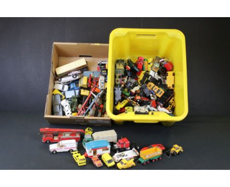 Over 90 play worn diecast models, featuring mid 20th C examples, includes Corgi, Dinky, Husky, Tonka, Majorette and Burago ex