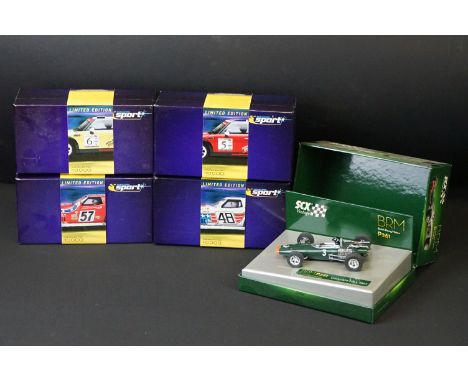 Five boxed slot cars to include 4 x Scalextric Sport examples (C2484A Mini Cooper - John Cooper Challenge No5, C2503A Chevrol