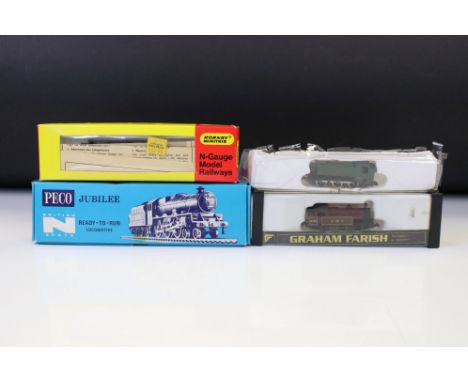 Four boxed / cased N gauge locmotives to include Peco Jubilee NL21, Graham Farish 1706 LMS 16389 0-6-0, Hornby Minitrix 202 a