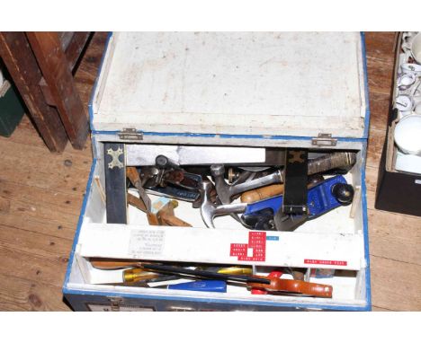 Box of tools including planes, saw, t-square, etc.