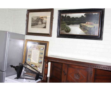 Three framed prints and vintage style lantern.