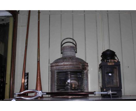 Daveys Port ship lamp with burner, S.C. &amp; W. Lord Birmingham railway signal lamp, shooting stick and two hunting horns.