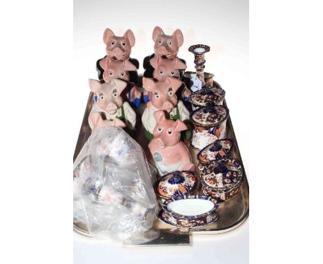 Eight Wade Natwest Pigs, two Sir Nathaniel, two Maxwell, two Annabel and two Woody, and collection of Derby trinket boxes and