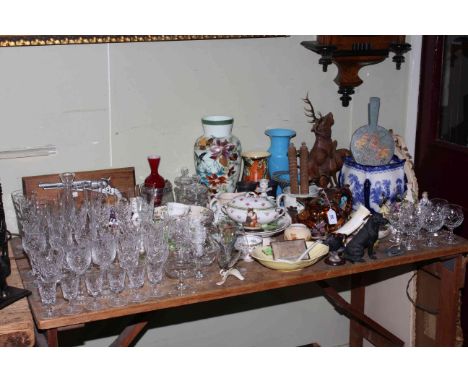 Collection of glass, ceramics and wood wares including carved reindeers by Josef Gluck of Biberach, Goebel, Carlton ware, vin