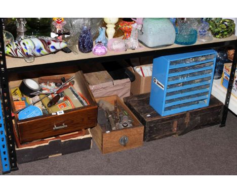 Various boxes of tools, screw chest, etc.