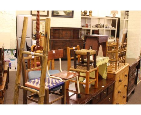 Three child's chairs, four stools, bamboo bottle rack and step ladder (9).
