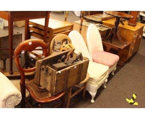 Four bedroom chairs, three nests of tables, three occasional tables, magazine rack and box of tools (12).