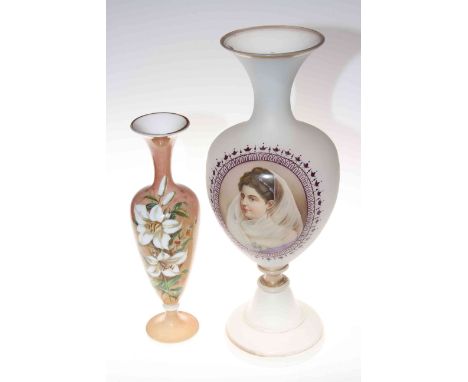 Two Victorian glass vases, one with portrait of a lady, 47cm and 35cm.